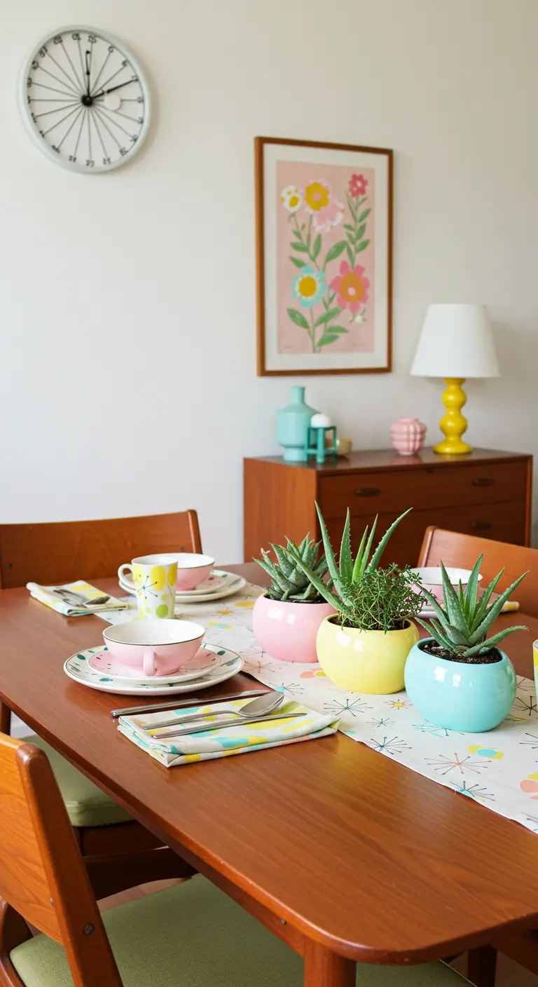 Table à manger de style Mid-Century avec des pots colorés contenant des succulentes comme centre de table.
