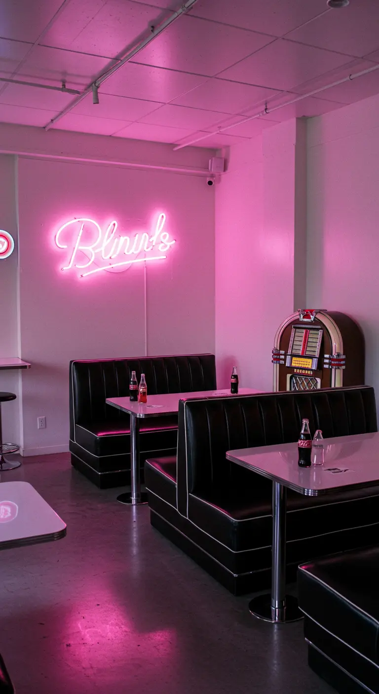 Diner moderne avec des banquettes noires et un néon rose vif au mur.