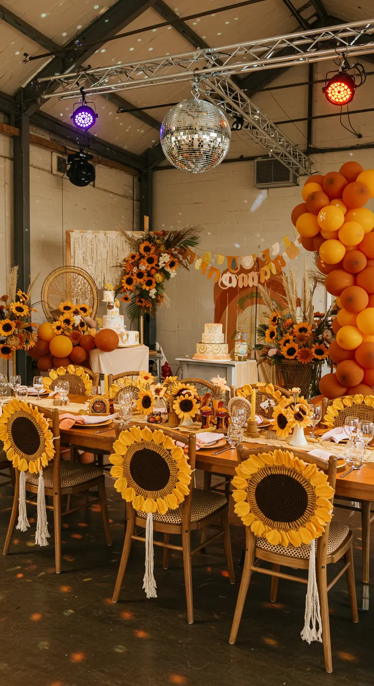 Chaises décorées de tournesols en crochet et de glands en macramé.