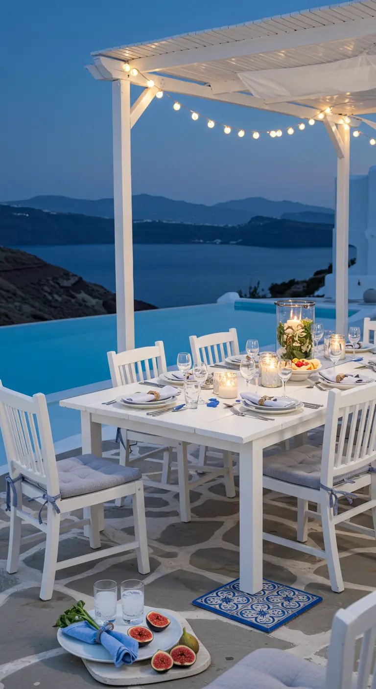 Table blanche sous une pergola face à la mer, avec des touches de bleu.
