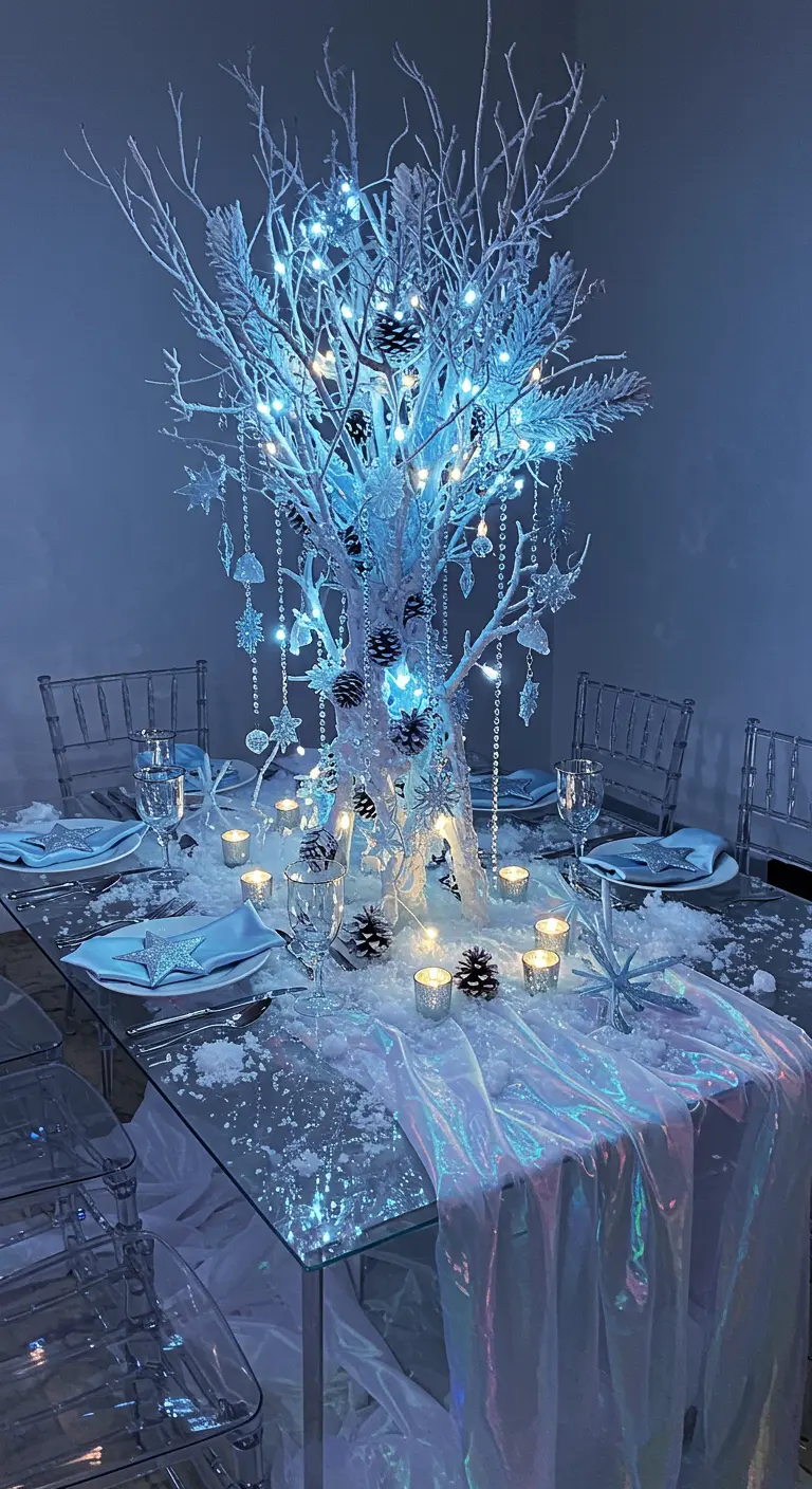 Table de fête sur le thème de la glace, avec un arbre blanc et des lumières bleues.