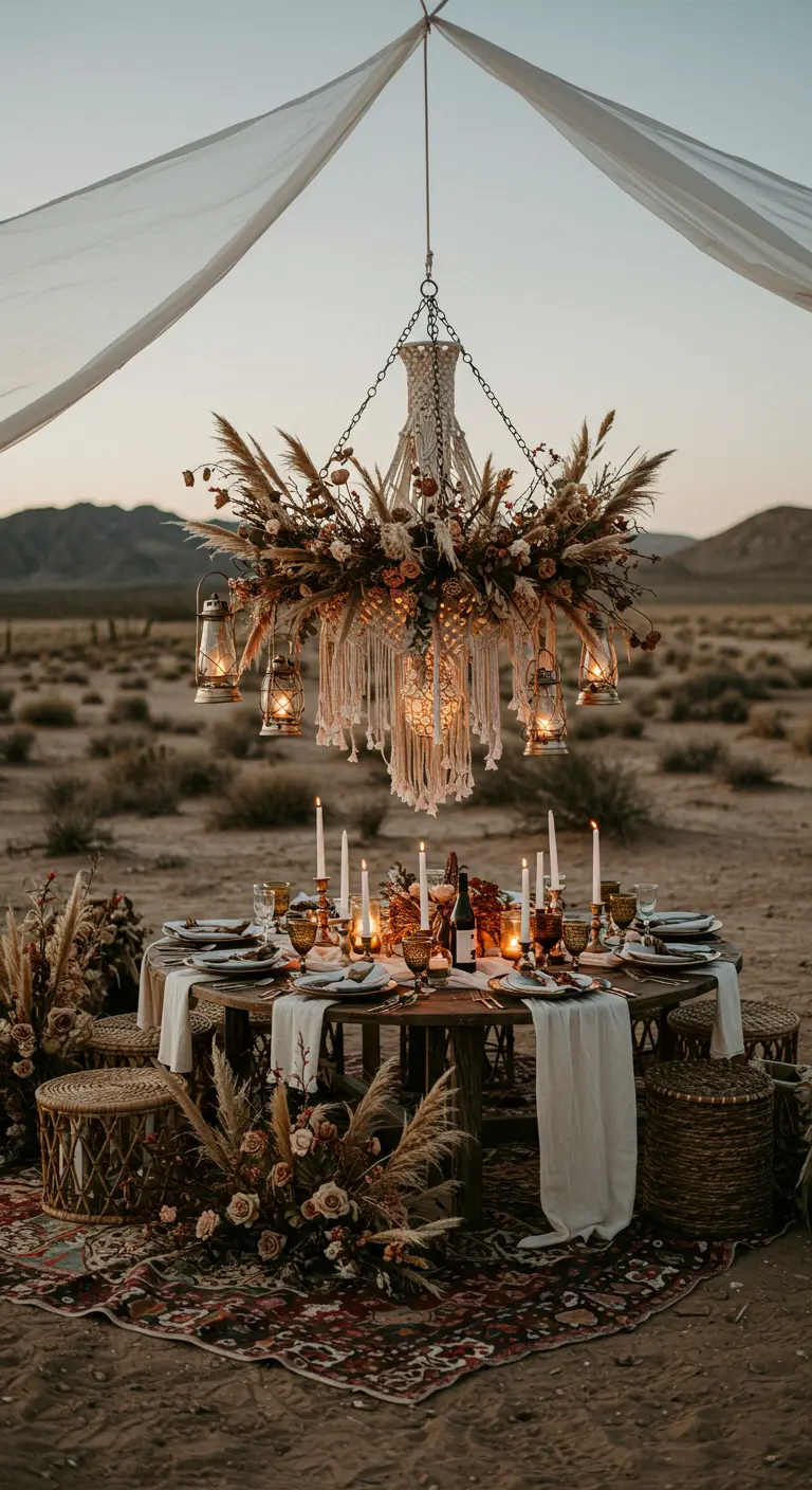 Table de mariage bohème dans le désert avec lustre en macramé et tapis au sol.