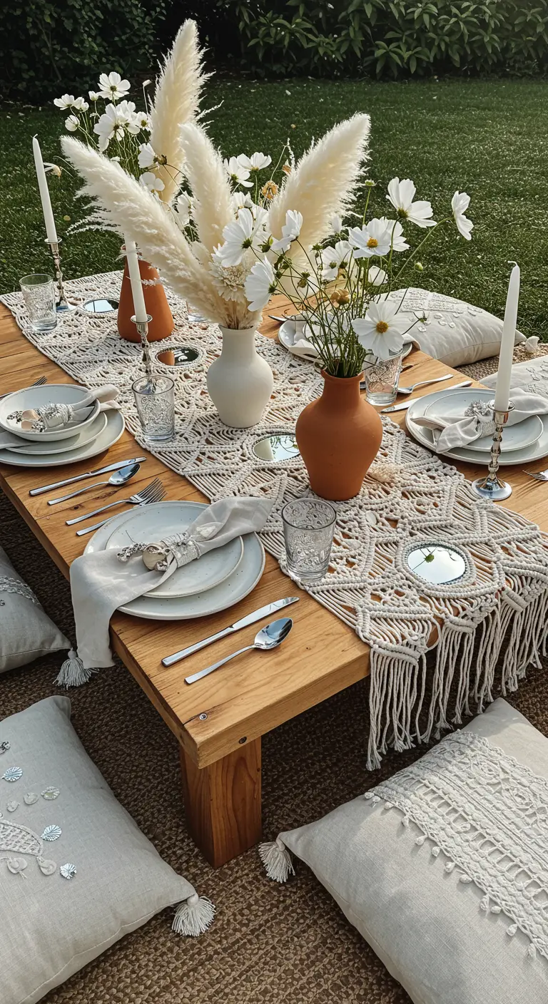 Table basse de style pique-nique bohème avec chemin de table en macramé et herbes de la pampa.