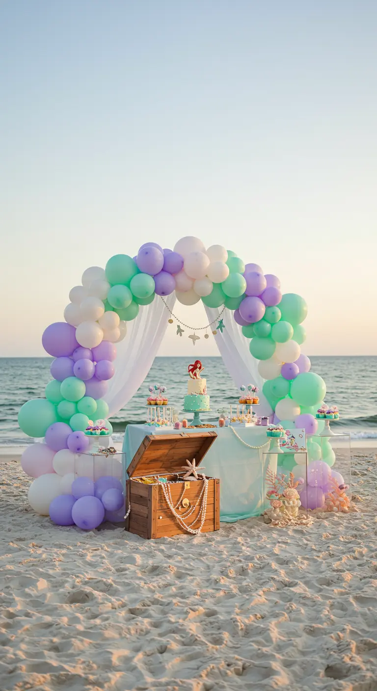 Arche de ballons pastel (violet, vert, blanc) sur la plage, thème sirène.
