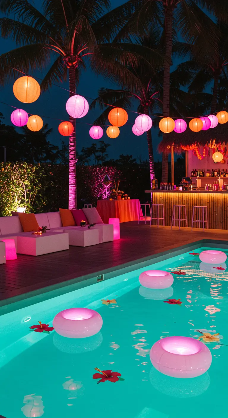 Piscine illuminée par des lanternes flottantes roses et des lampions suspendus.