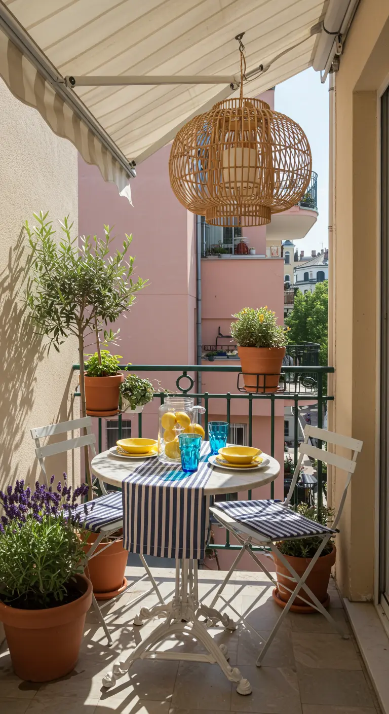Petit balcon ensoleillé avec une table ronde, des plantes en pot et une suspension en rotin