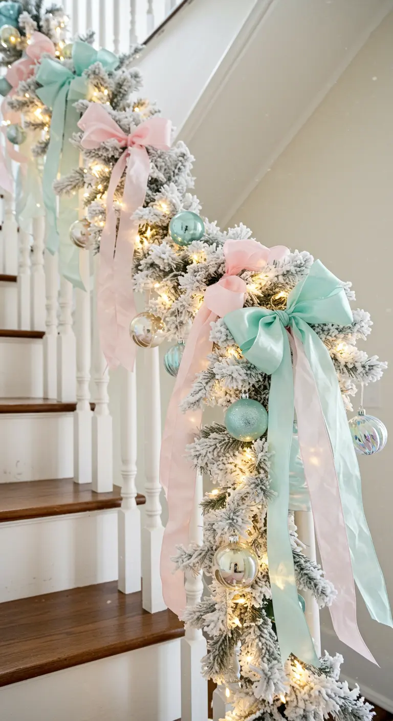Guirlande floquée décorée de rubans et boules dans des tons pastel de rose et de bleu-vert.