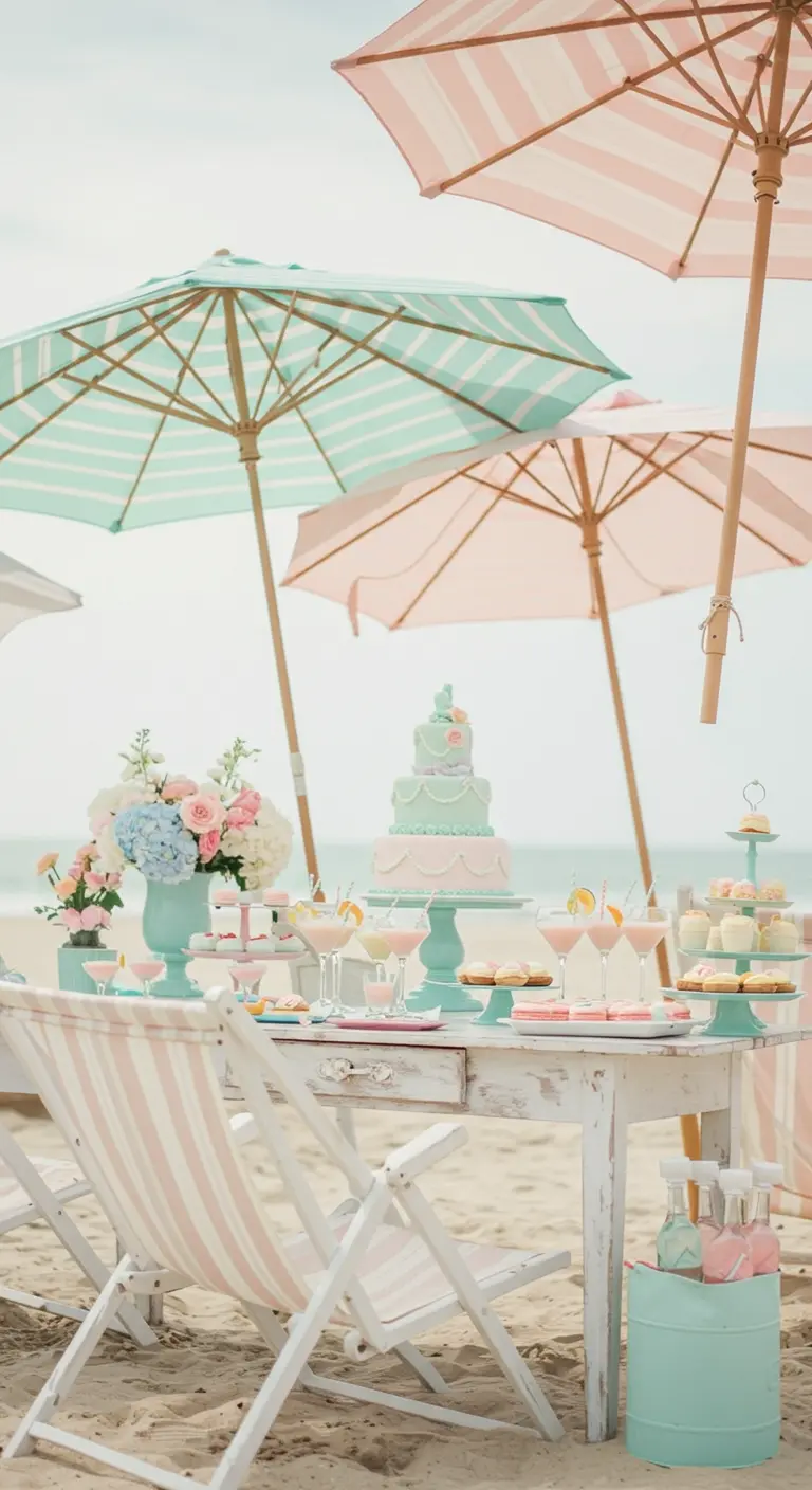 Table de desserts pastel sur la plage avec des parasols menthe et rose.