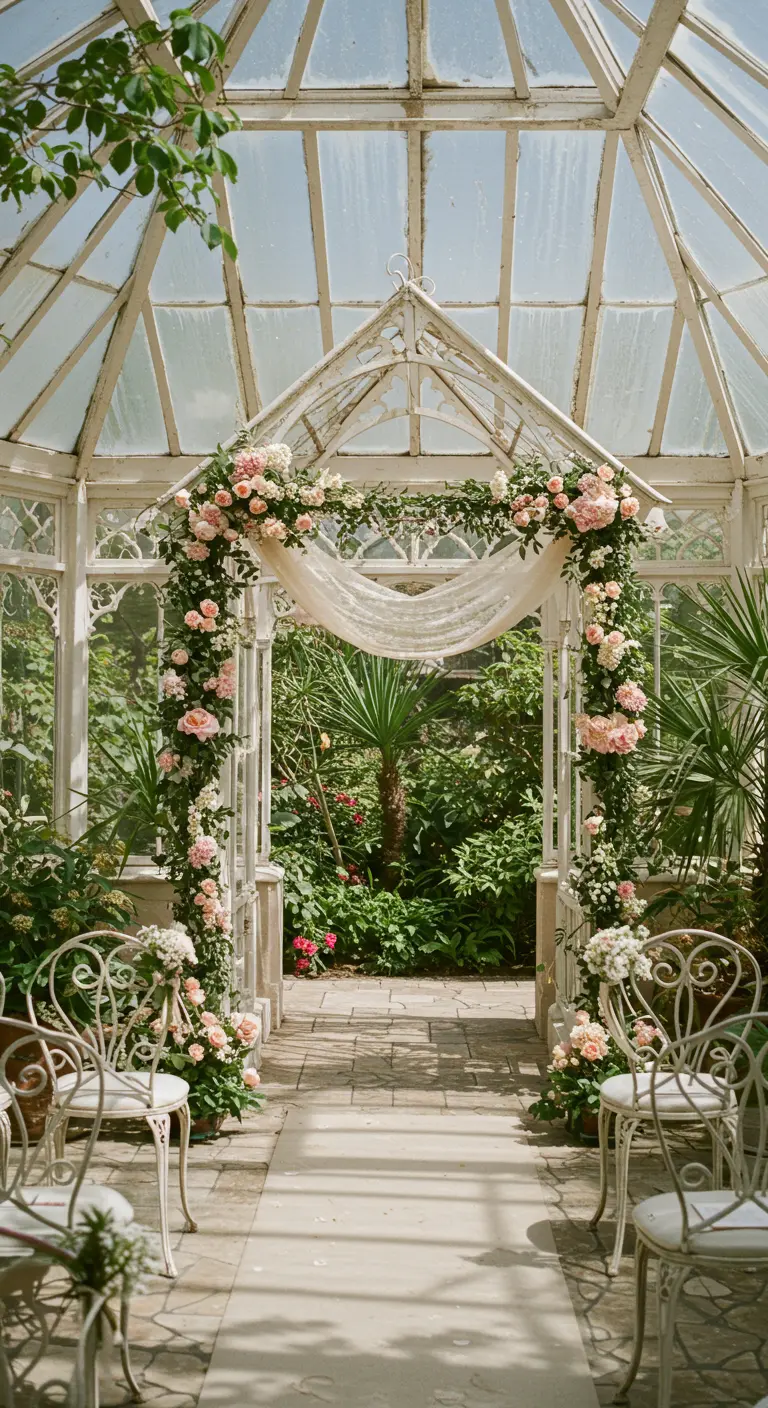 Arche en fer forgé blanc avec roses roses dans une serre luxuriante.