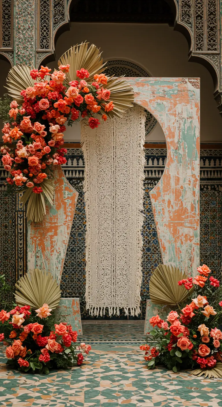 Arche peinte d'inspiration marocaine avec des roses corail et du macramé.