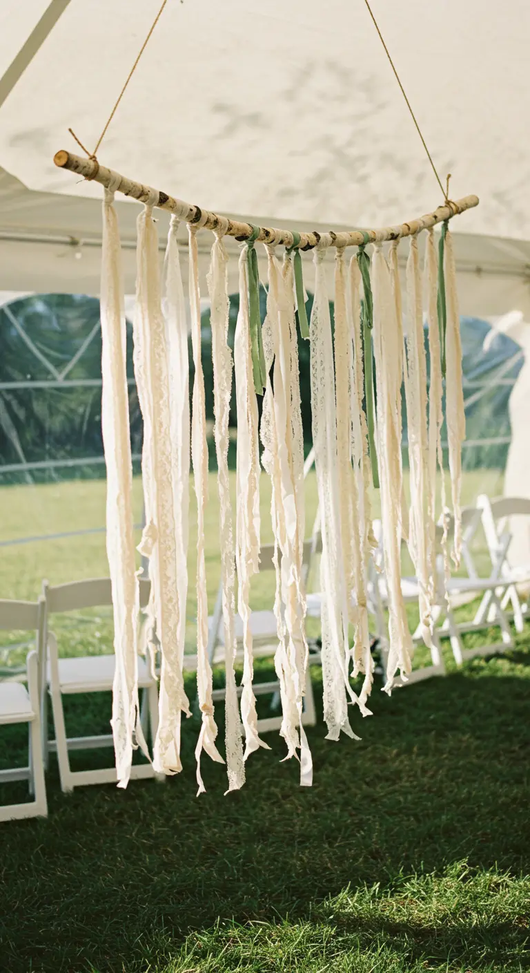Branche de bois suspendue avec des rubans de dentelle et de tissu blanc.