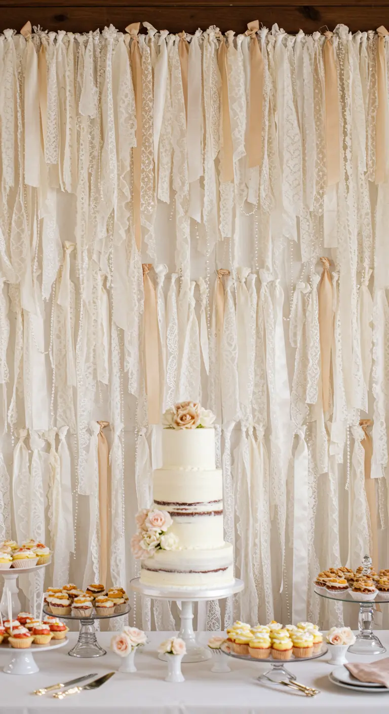Toile de fond faite de bandes de dentelle et de rubans suspendus derrière une table de gâteau de mariage.