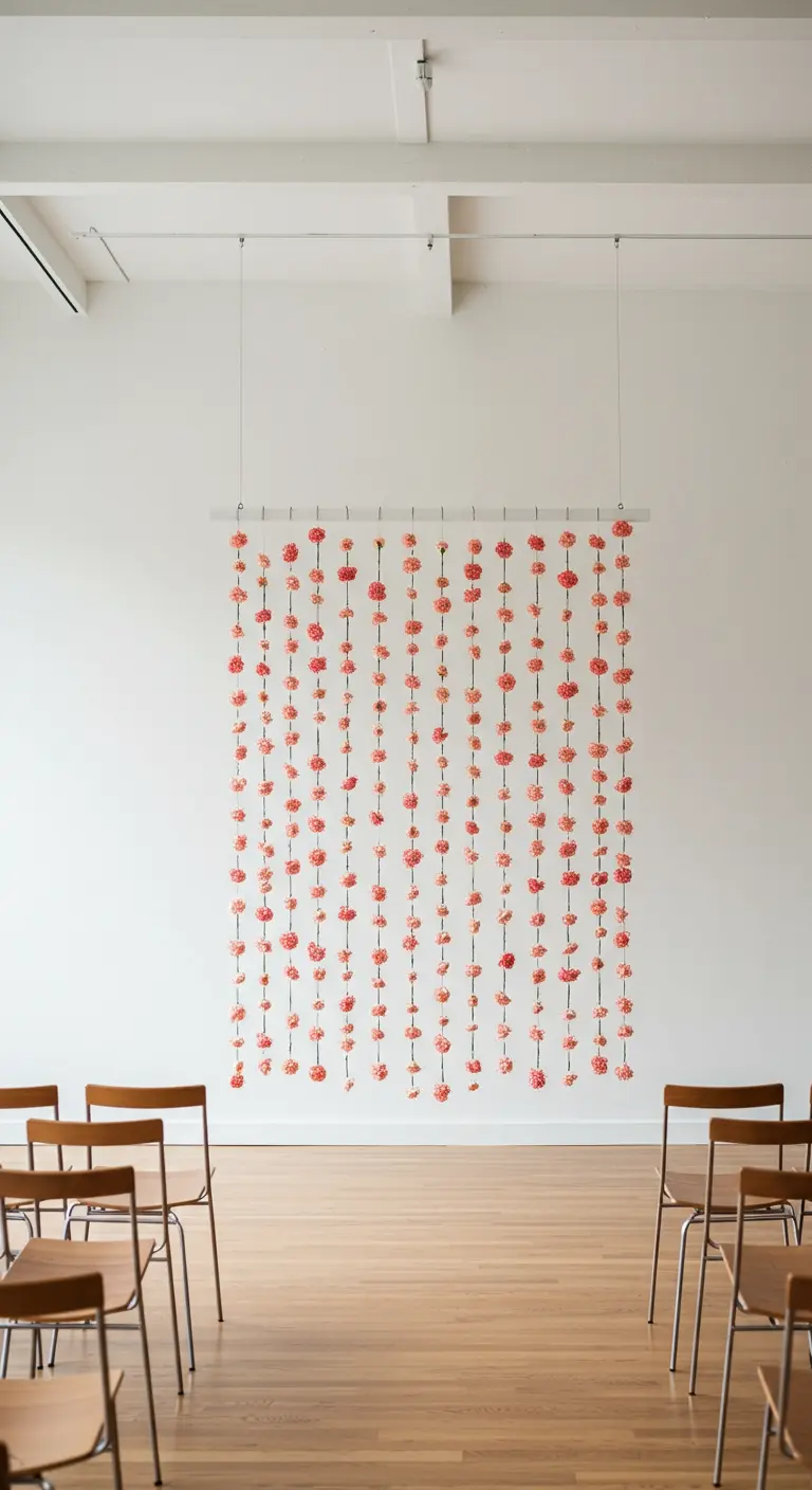 Guirlandes verticales de fleurs roses formant un rideau suspendu.