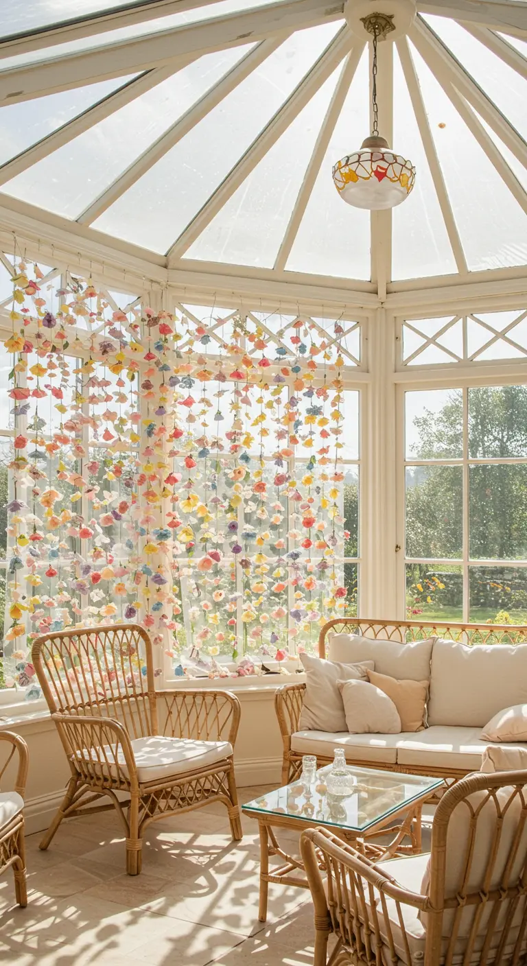 Un rideau composé de guirlandes verticales de fleurs en papier multicolores.