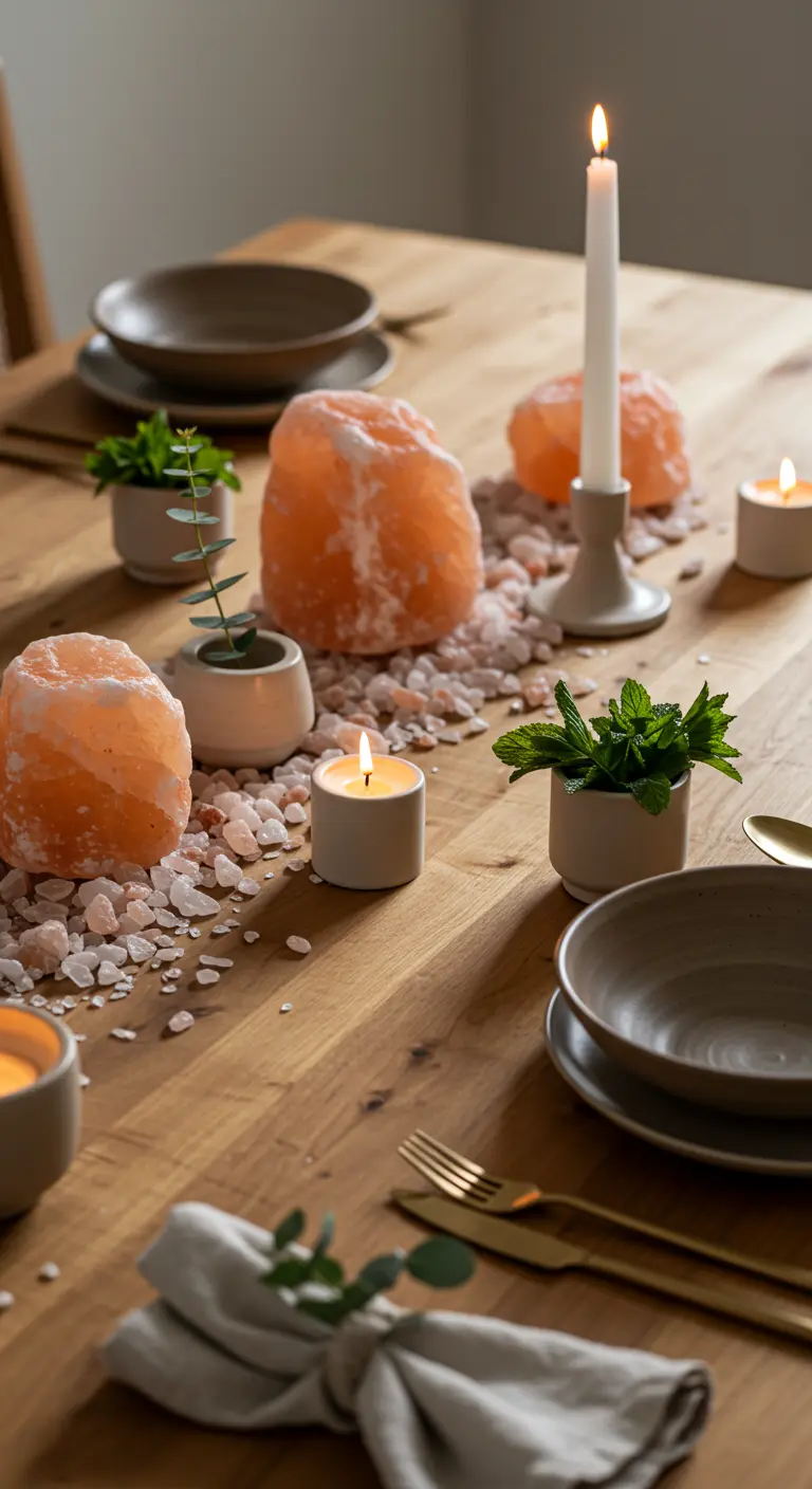 Centre de table avec des blocs de sel rose de l'Himalaya et des petites bougies.