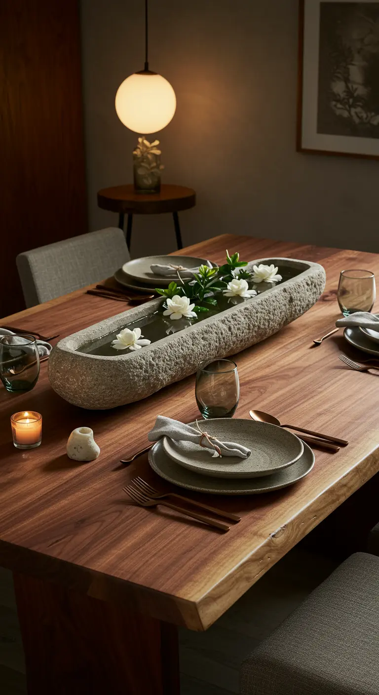 Longue vasque en pierre remplie d'eau avec des fleurs blanches flottantes.