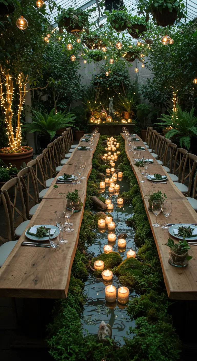 Longue table en bois avec un cours d'eau central rempli de mousse et de bougies flottantes.