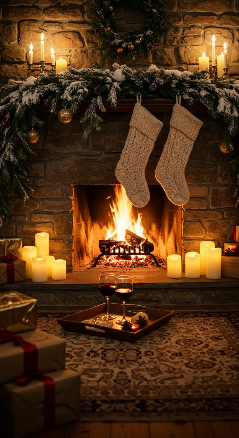 Cheminée en pierre éclairée par des bougies au sol, créant une ambiance intime.