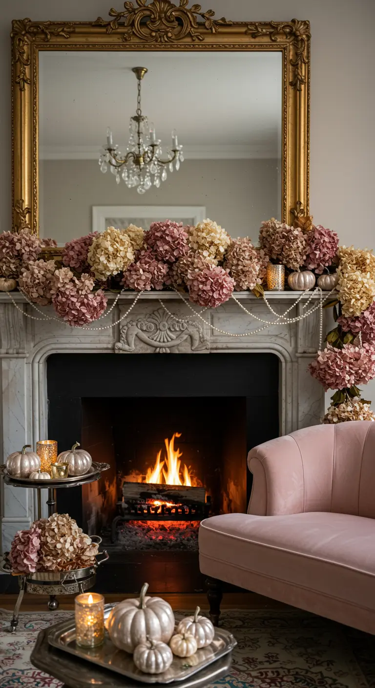 Cheminée élégante décorée d'hortensias séchés roses et de citrouilles argentées.