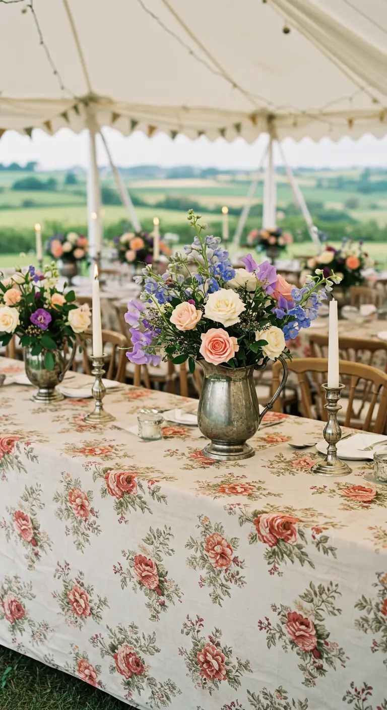 Table avec une nappe florale, un bouquet de roses dans un pichet en argent et des chandeliers.