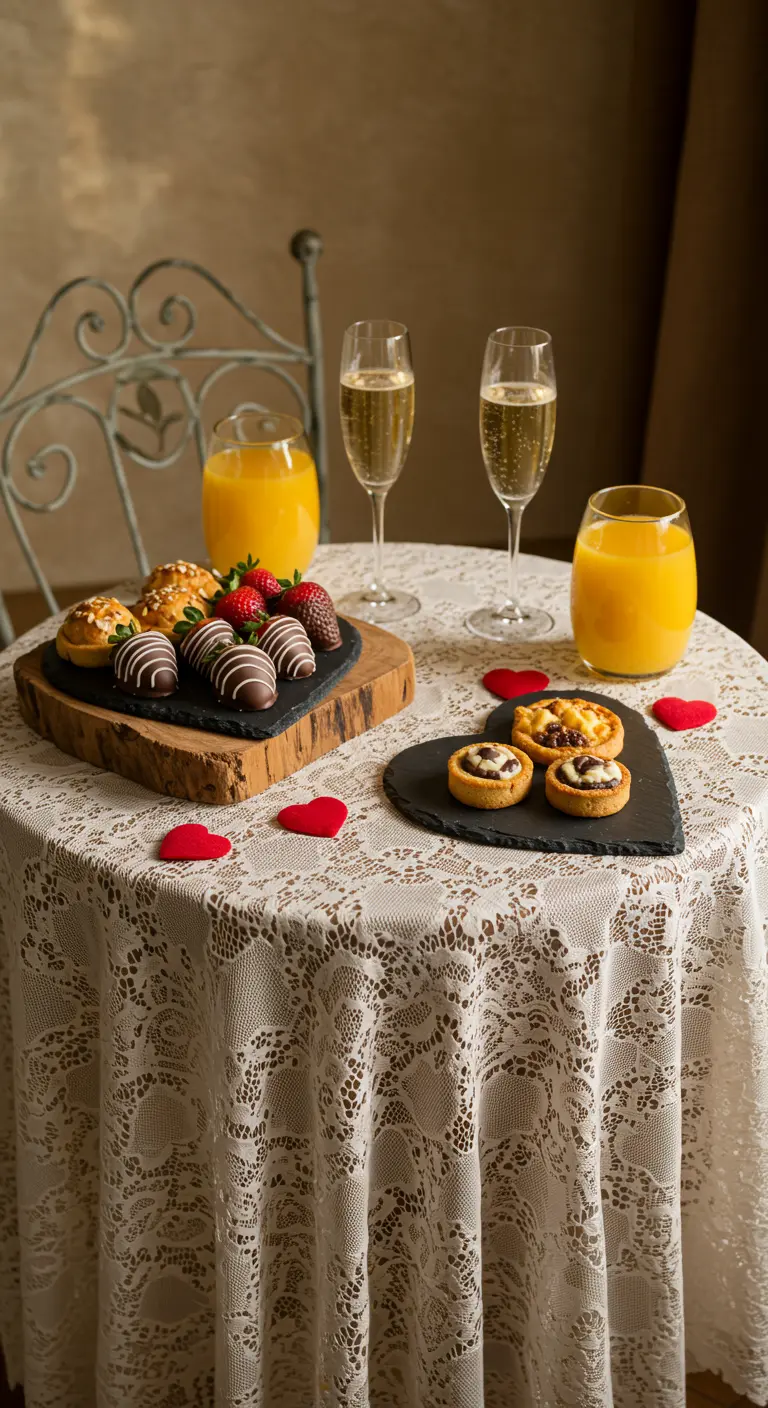 Table romantique pour deux avec nappe en dentelle, champagne et fraises au chocolat.