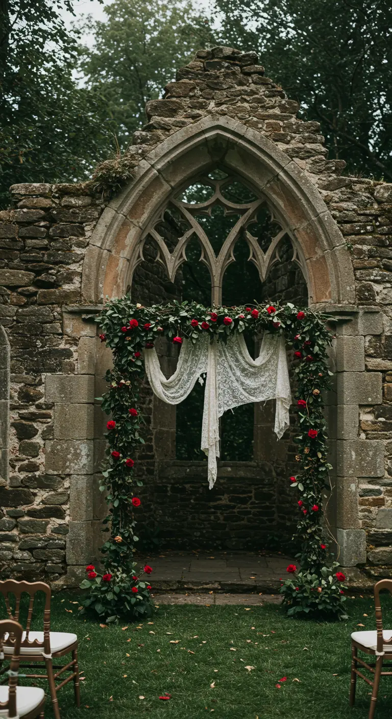 Fenêtre de ruines en pierre décorée comme une arche avec du lierre et des roses.