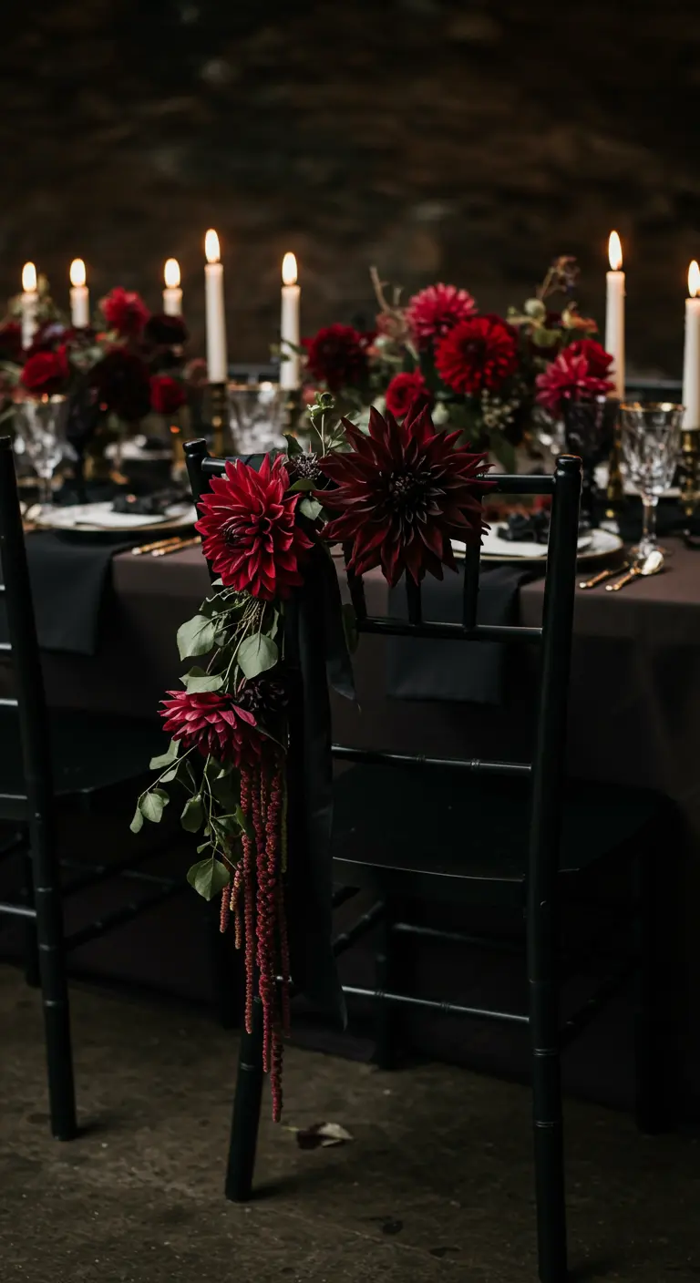 Chaise noire ornée d'une composition florale rouge foncé et d'un ruban noir.