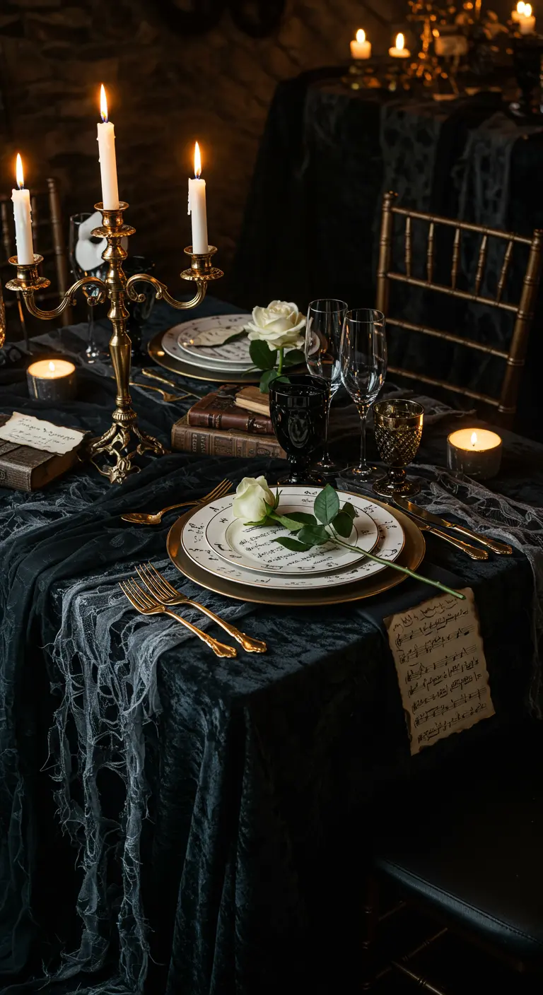 Décor de table gothique avec des livres anciens, des bougies et des roses blanches.