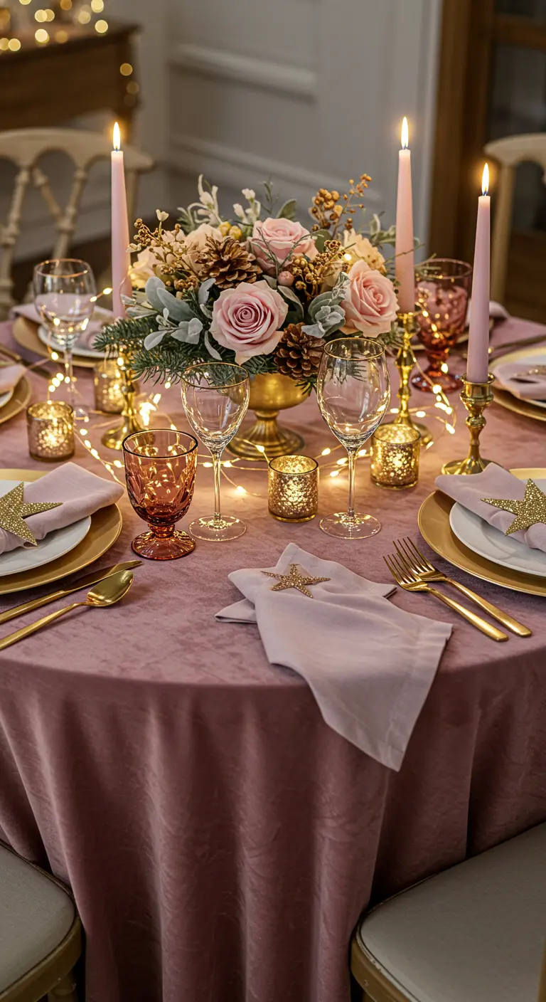 Table de fête romantique avec une nappe rose, des fleurs et des couverts dorés.