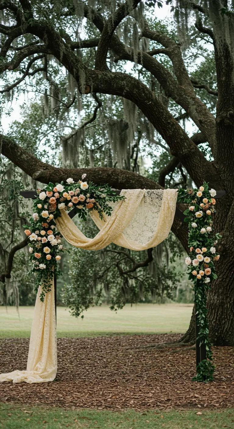 Arche en bois sombre sous un grand chêne, avec dentelle jaune et roses pêche.