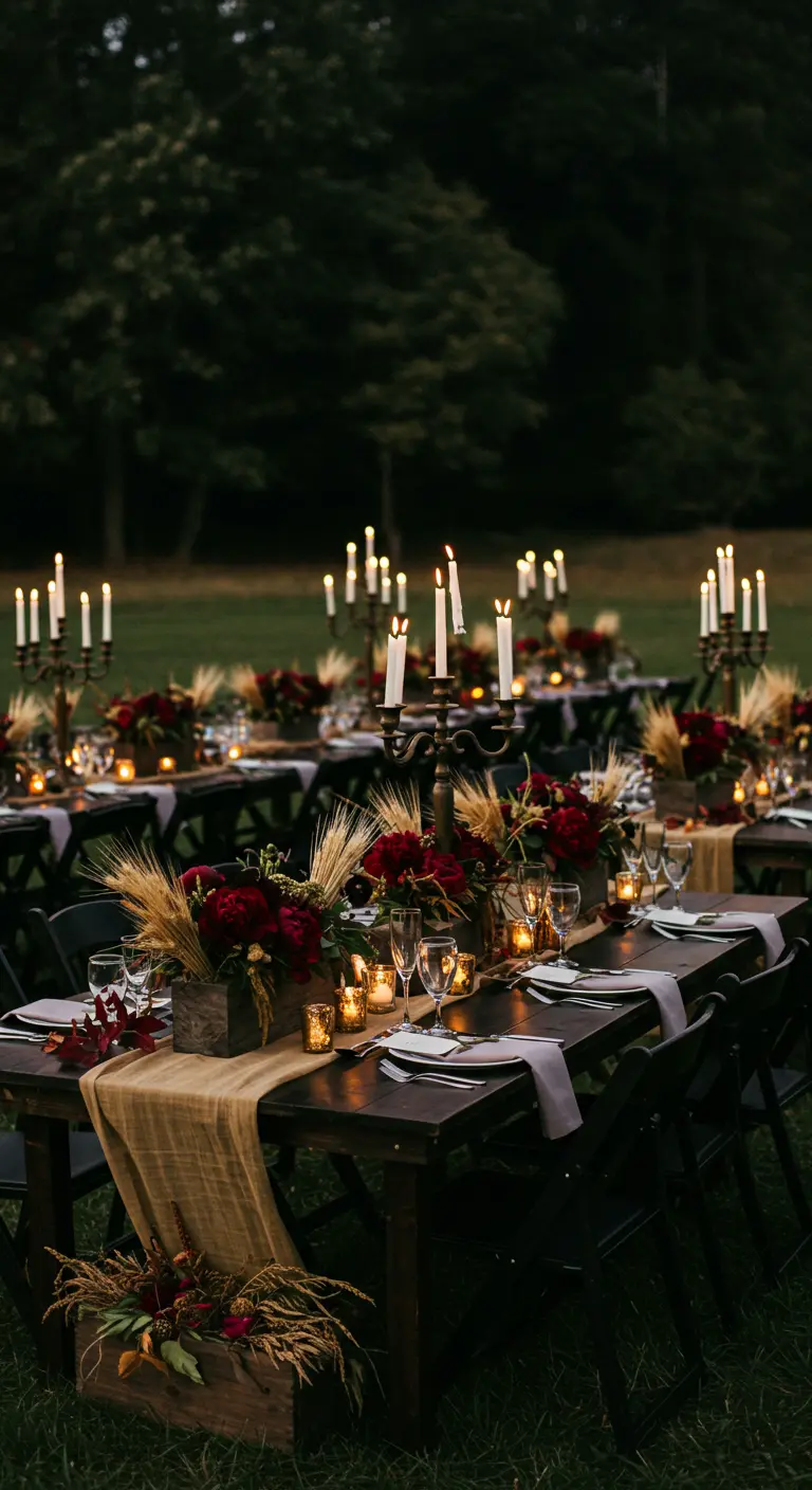Table de mariage nocturne avec des fleurs rouges et de nombreux chandeliers.