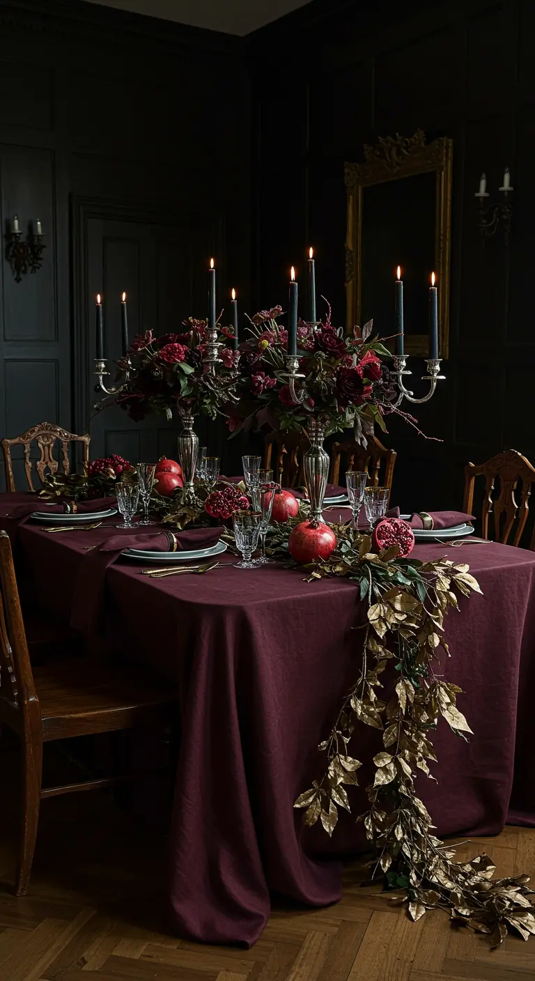 Table de dîner gothique avec nappe bordeaux, bougies noires et grenades.