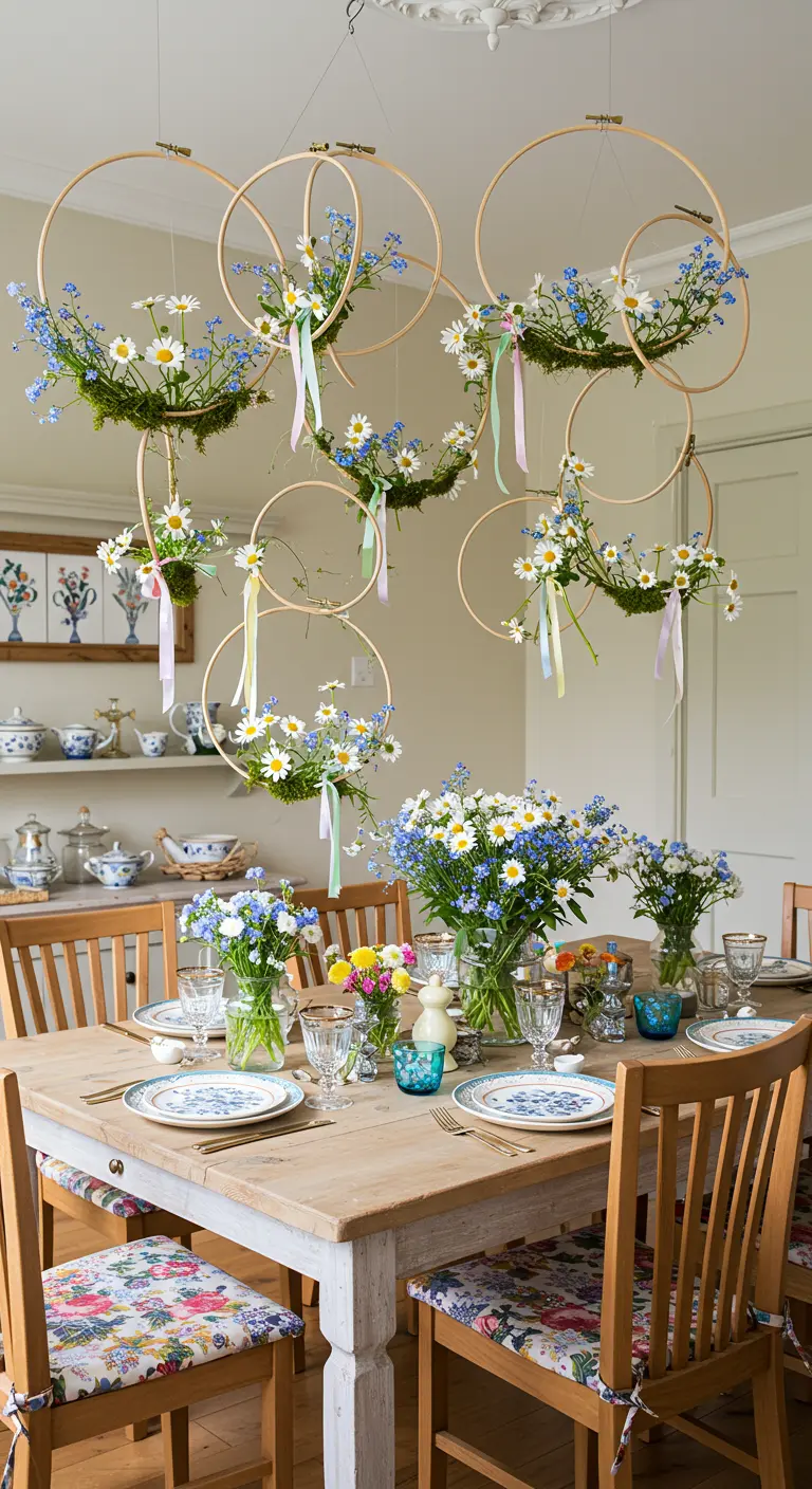Plusieurs cercles à broder de différentes tailles, décorés de fleurs des champs et suspendus au-dessus d'une table.