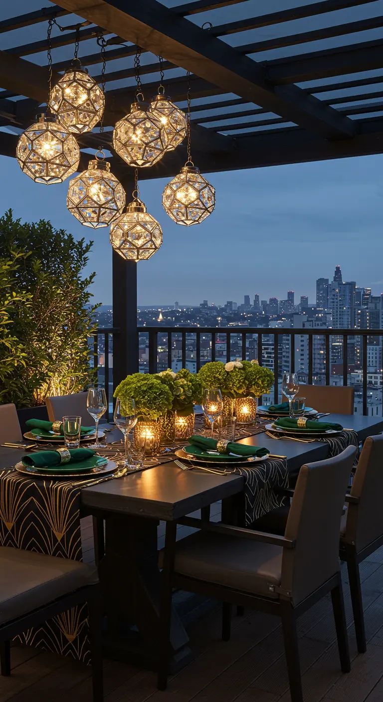 Table de dîner élégante sur un rooftop de nuit, éclairée par des suspensions en verre