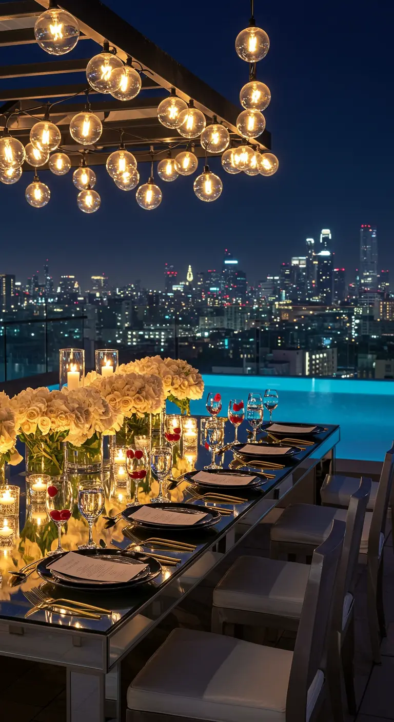 Table de dîner glamour avec un plateau miroir sur un rooftop surplombant la ville.