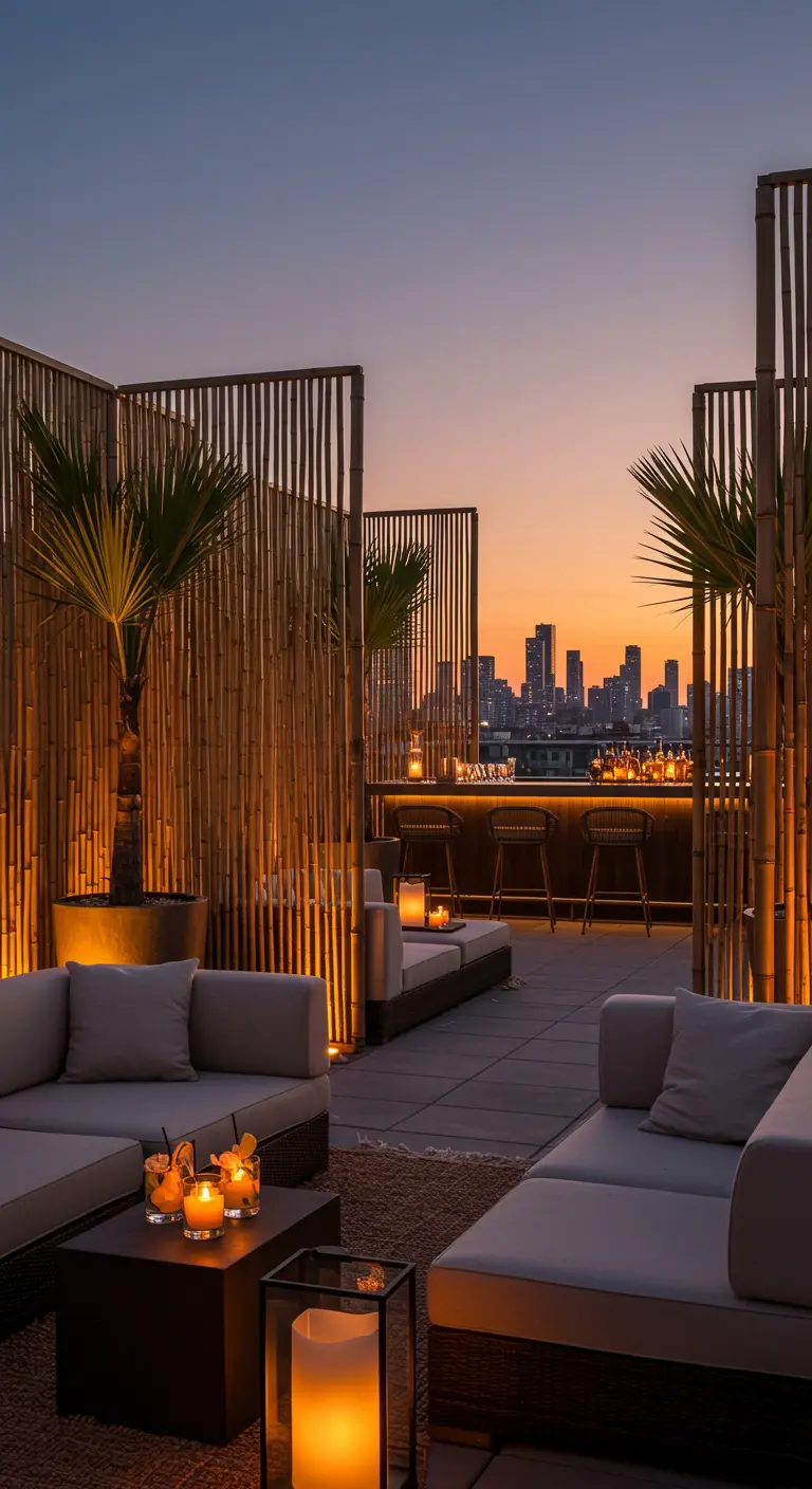 Rooftop lounge avec des paravents en bambou, des palmiers et des lumières chaudes au crépuscule.