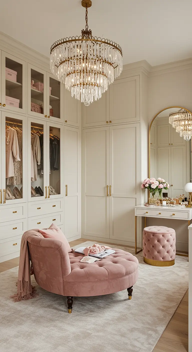 Dressing luxueux avec placards ivoire, méridienne en velours rose et lustre en cristal.