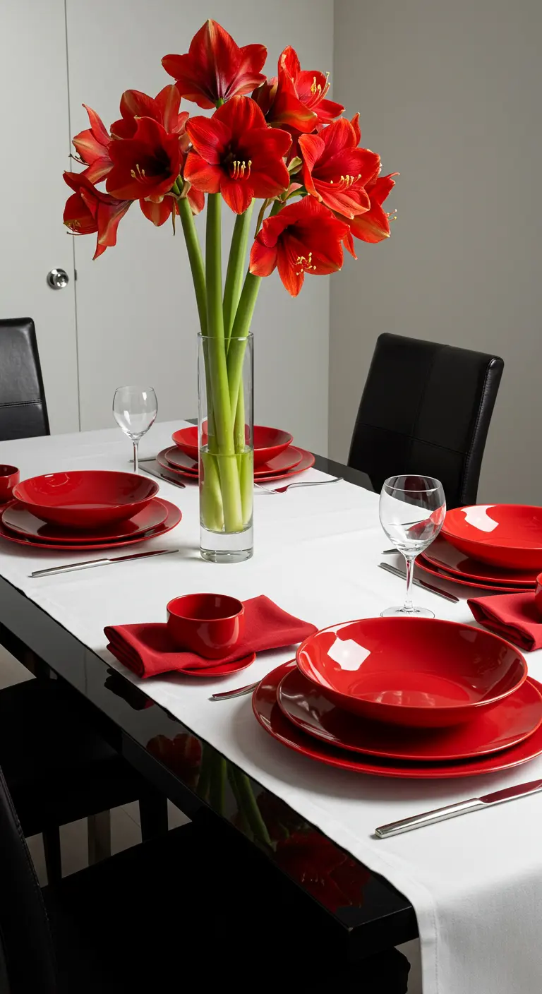 Table moderne avec une nappe blanche, de la vaisselle rouge vif et des fleurs rouges.