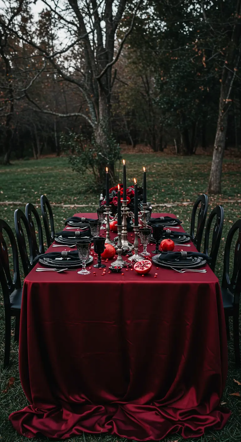 Table de fête en extérieur avec une nappe rouge sang et des grenades.