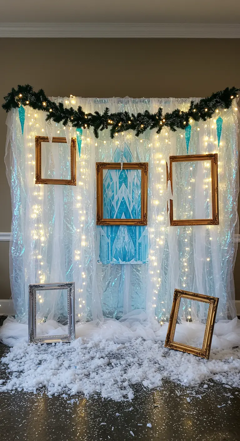 Décor d'hiver avec fond irisé, fausse neige et cadres.