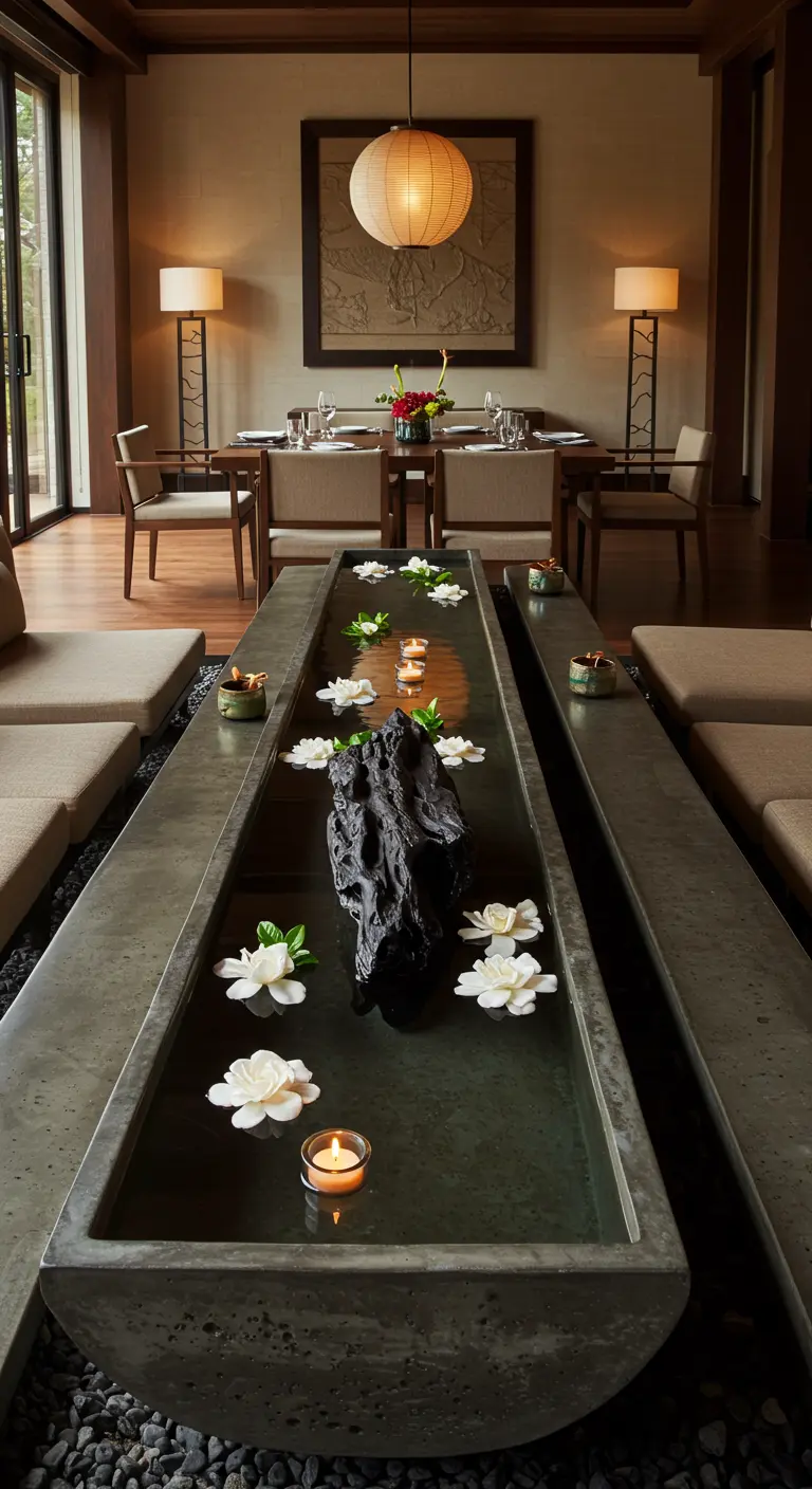 Centre de table aquatique avec de l'eau, une pierre, des fleurs et des bougies flottantes.