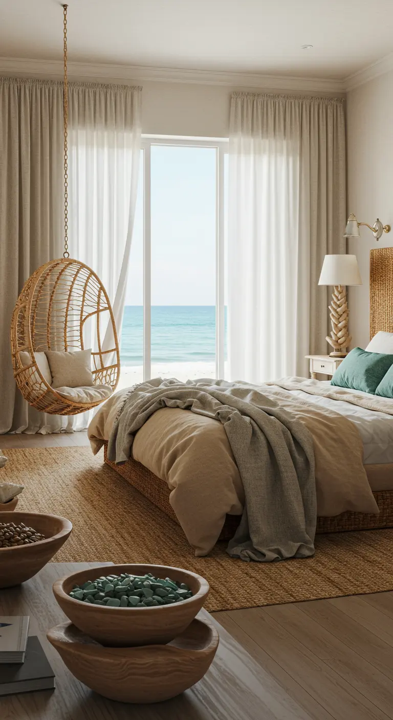 Chambre lumineuse avec vue sur la mer, fauteuil suspendu en rotin et tons neutres.