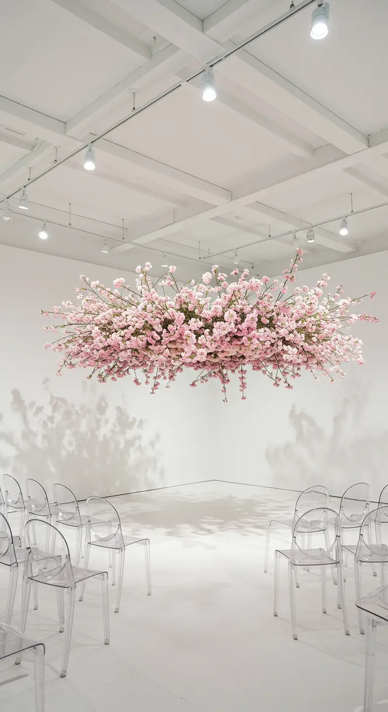 Composition florale de branches de cerisier roses suspendue dans une salle blanche.