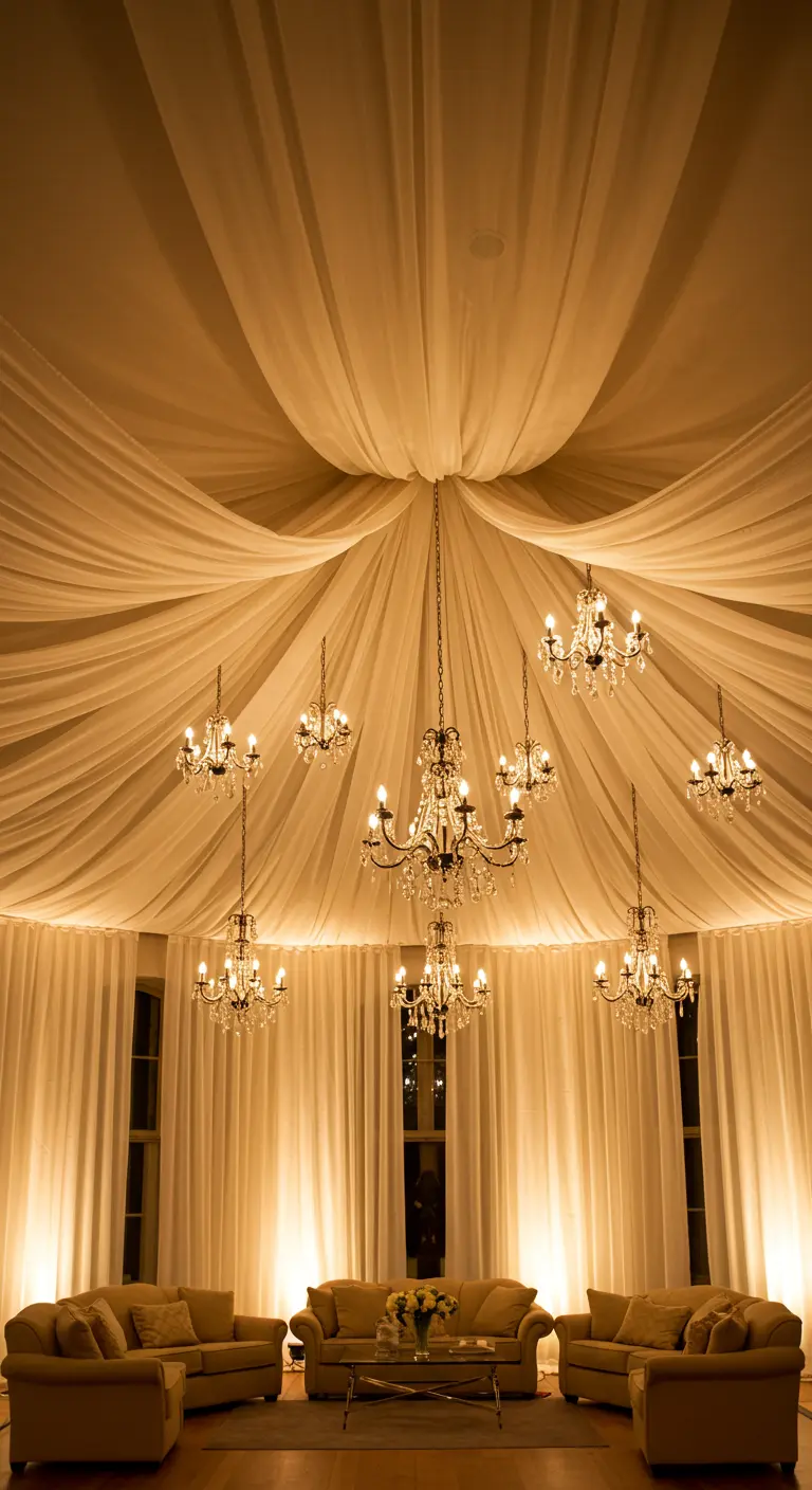 Plafond d'un salon entièrement drapé de voilage blanc, illuminé par des lustres et des spots au sol.