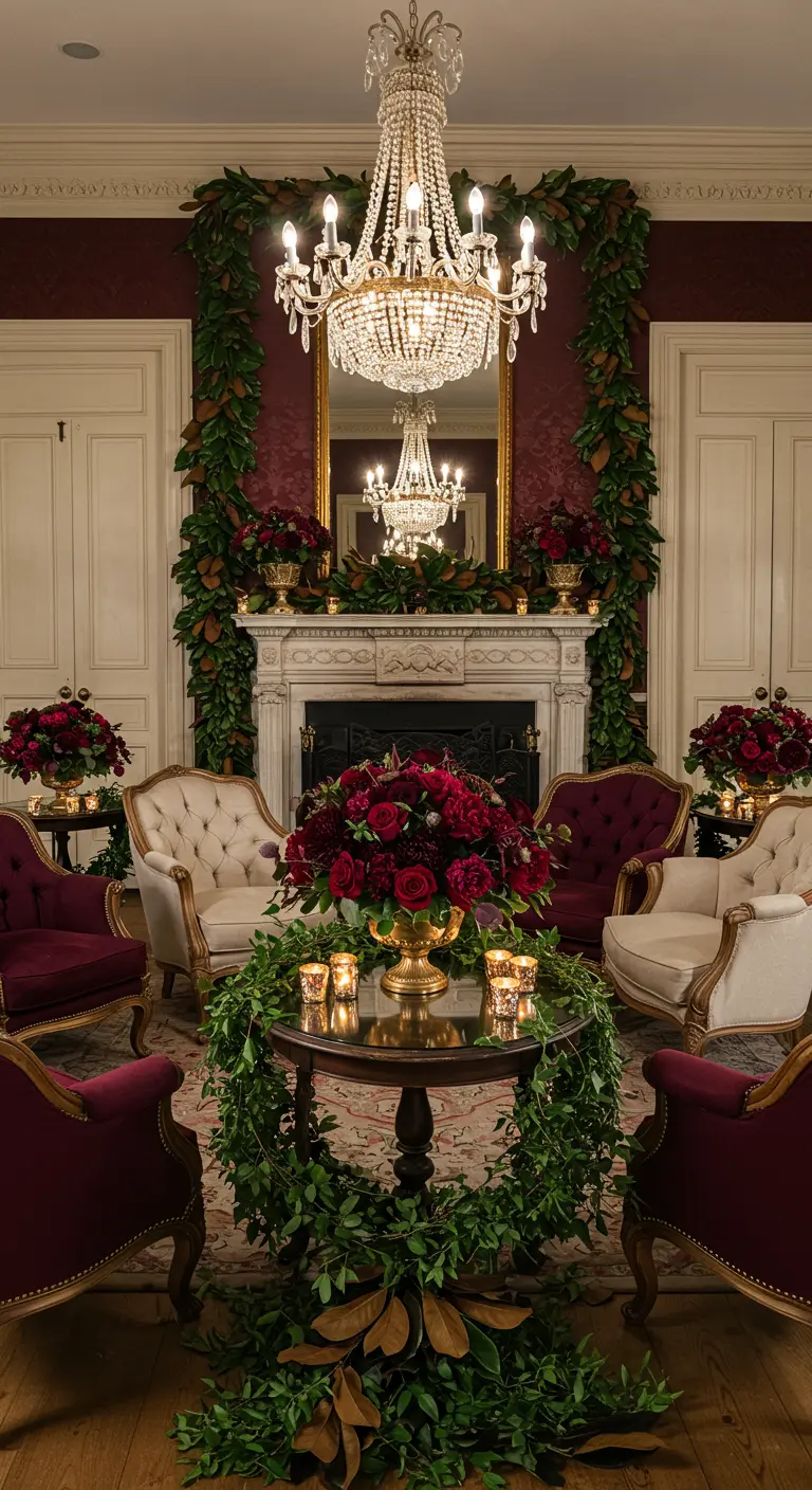 Salon opulent avec cheminée, lustre et arrangements floraux bordeaux et verts.