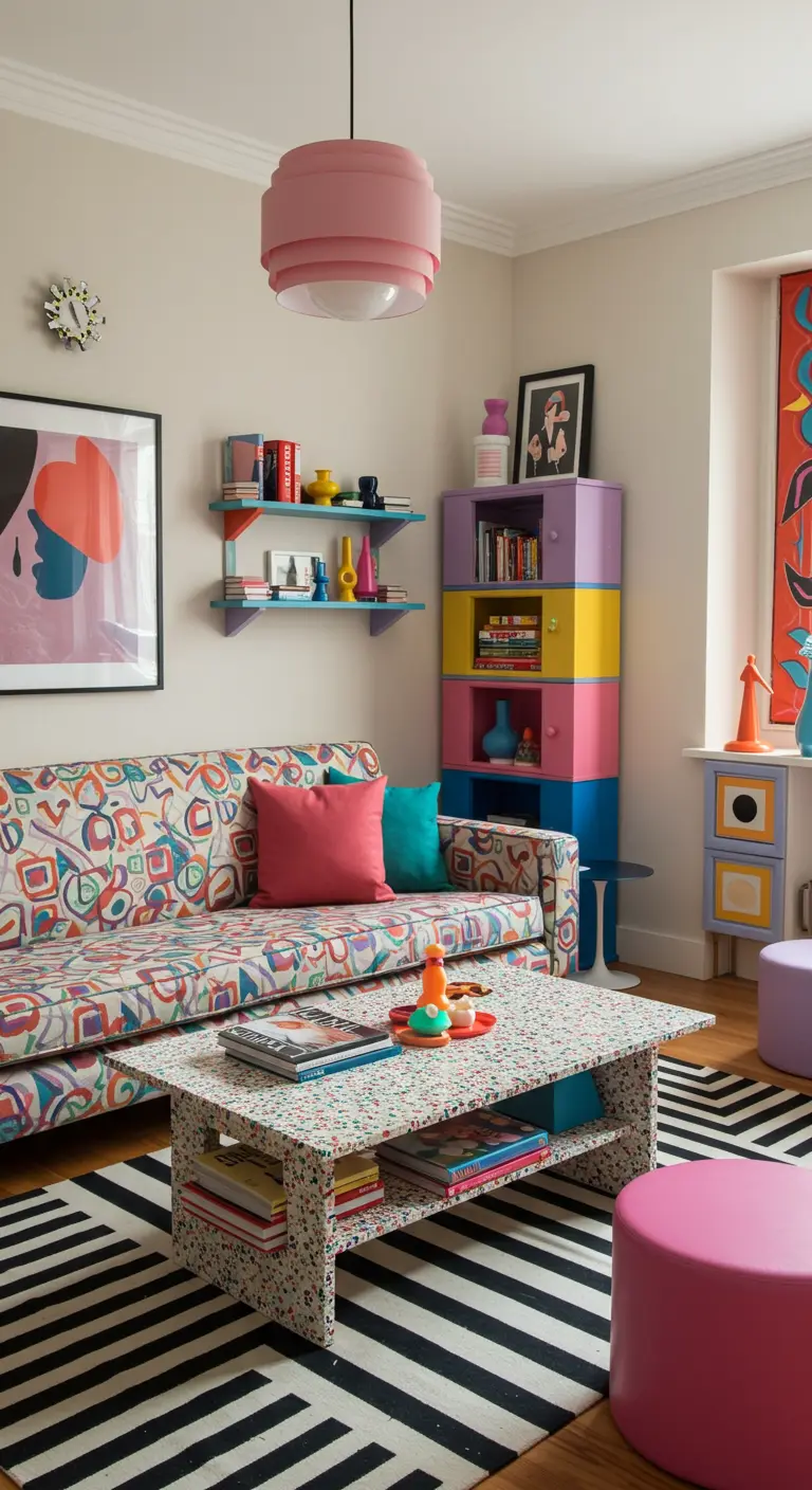 Salon coloré style Memphis avec un tapis à rayures et des meubles aux formes géométriques.