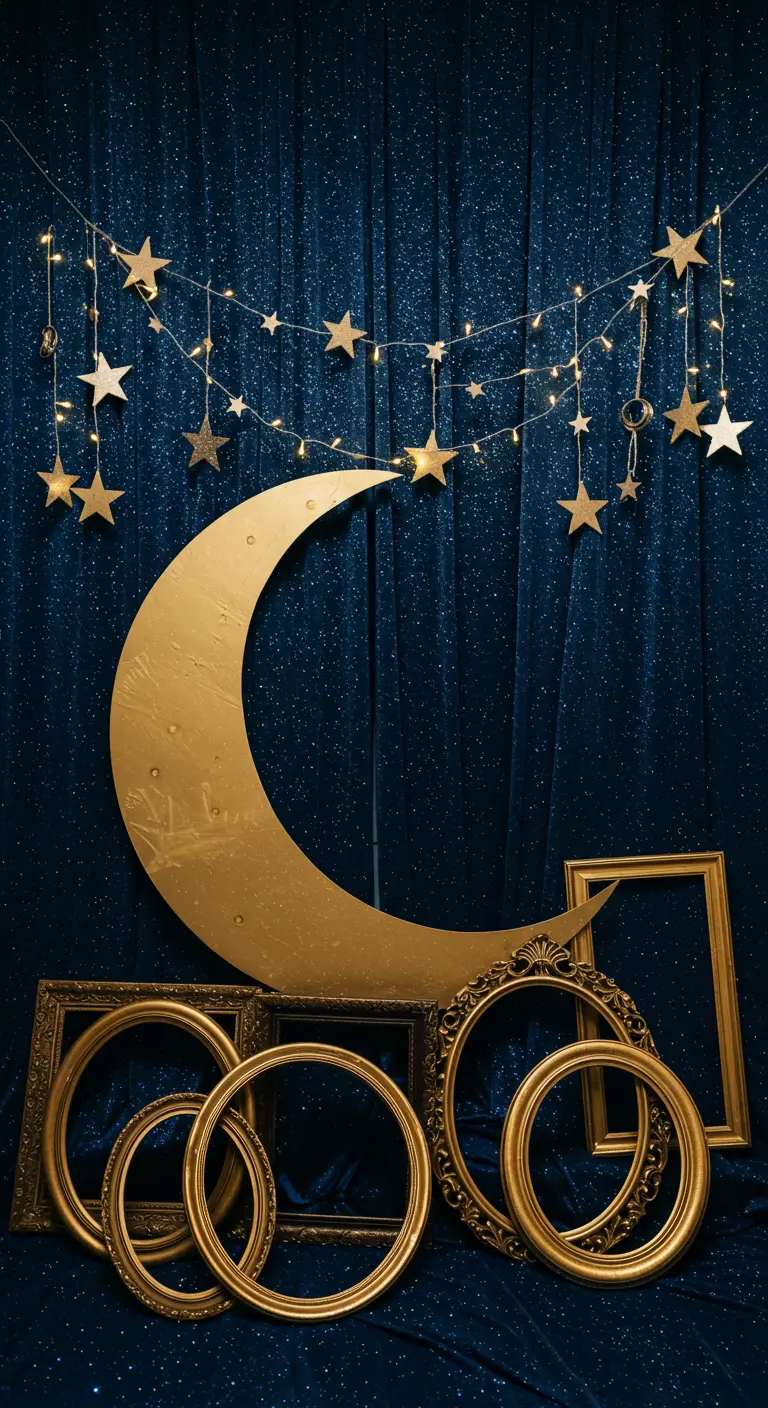 Décor de Nouvel An sur le thème de la lune et des étoiles, avec cadres dorés au sol.