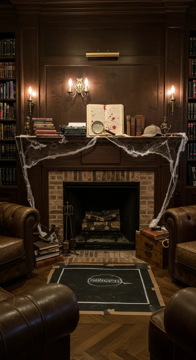 Décoration d'Halloween sur le thème 'scène de crime' avec machine à écrire et livre ensanglanté.