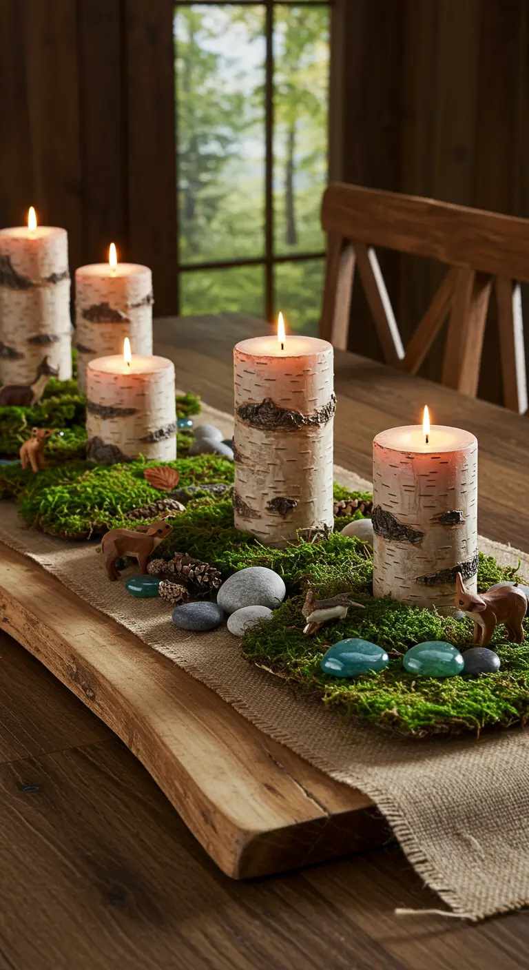 Centre de table sur le thème de la forêt avec des bougies en écorce de bouleau et de la mousse.