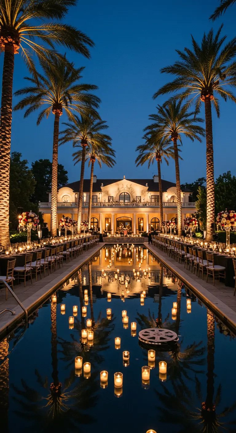 Dîner au bord d'une piscine avec des dizaines de bougies flottantes.